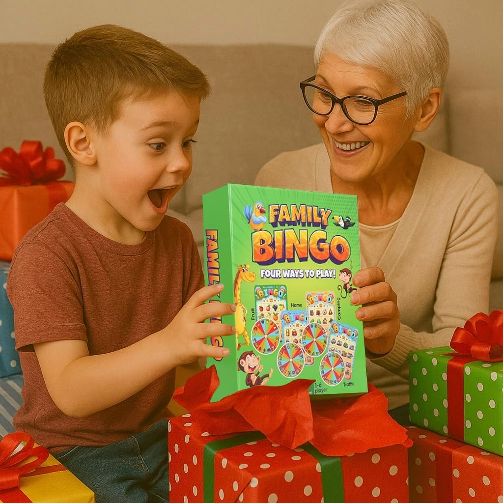 Family Bingo Game for Toddlers & Kids | 4-in-1 Visual Bingo Set with Household Items, Cars, Fruits & Camping Gear | Family-Friendly Board Game for Learning & Fun| 2-4 Players