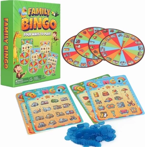 Family Bingo Game for Toddlers & Kids | 4-in-1 Visual Bingo Set with Household Items, Cars, Fruits & Camping Gear | Family-Friendly Board Game for Learning & Fun| 2-4 Players