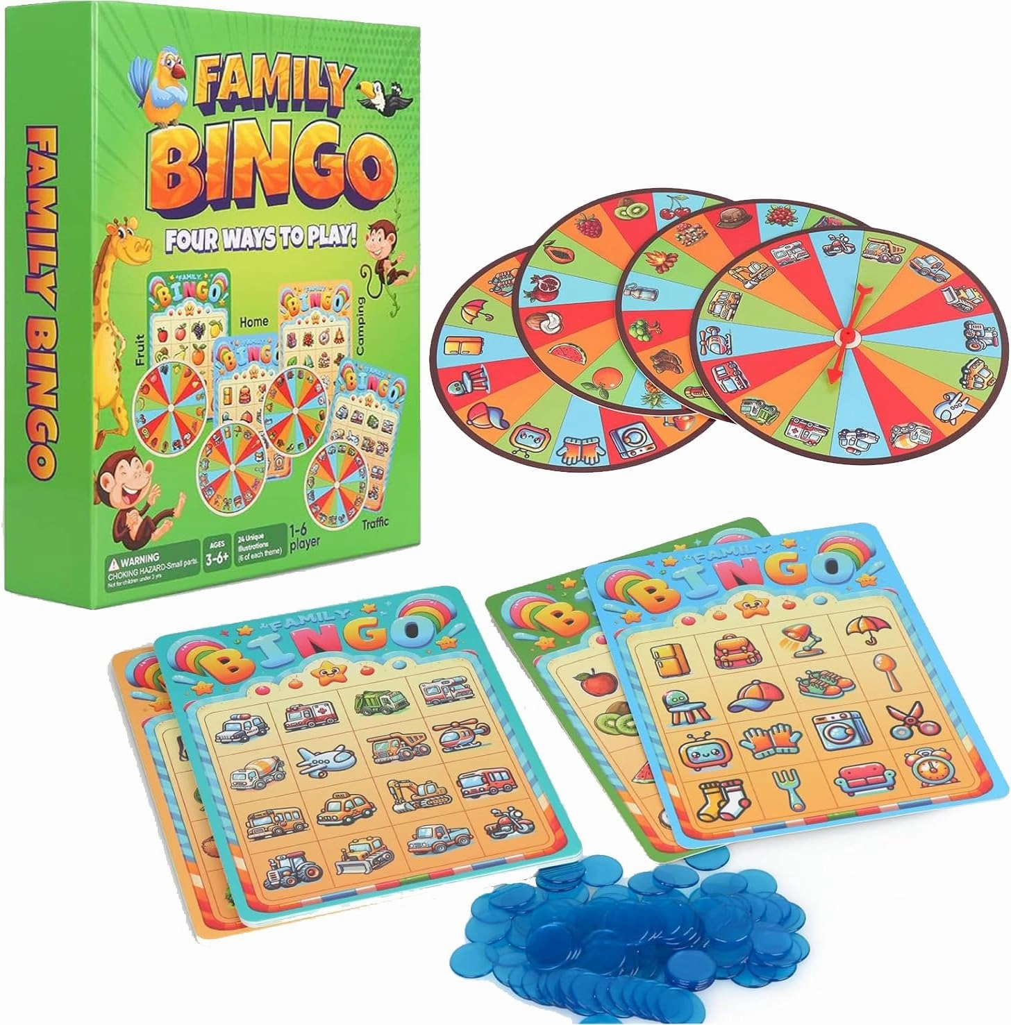 Family Bingo Game for Toddlers & Kids | 4-in-1 Visual Bingo Set with Household Items, Cars, Fruits & Camping Gear | Family-Friendly Board Game for Learning & Fun| 2-4 Players