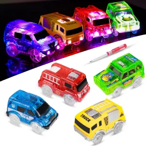 FancyWhoop Tracks Cars Replacement Only - Light Up Magic Cars for Tracks Compatible with Glow in The Dark Toy Cars with 5 LED Flashing Lights for Most Race Tracks Only Toy Car Accessories (4 Pack)