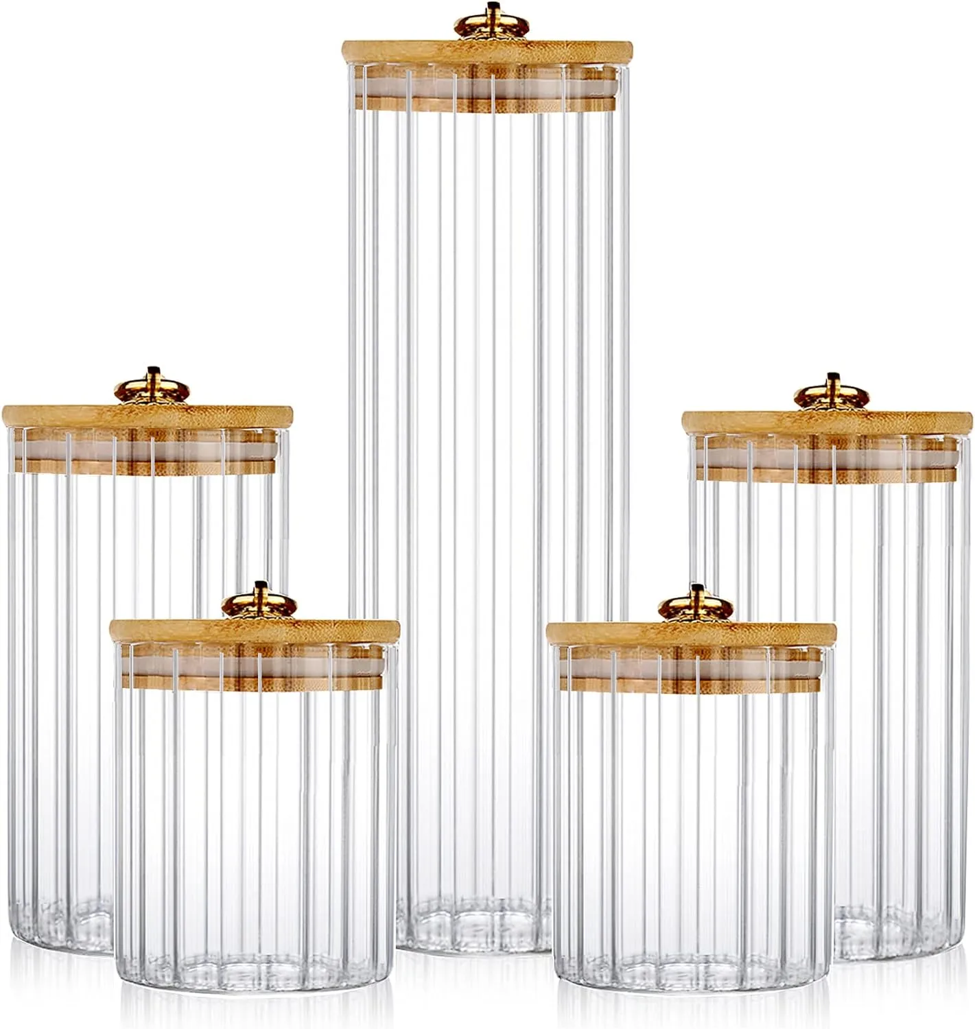 FANTESTICRYAN Glass Storage Jars Set of 5, Decorative Coffee Bar Container with Airtight Bamboo Lid Metal Ring for Home Kitchen Storing Candy, Cookie, Pasta, Nuts, Oatmeal and Bathroom Salt