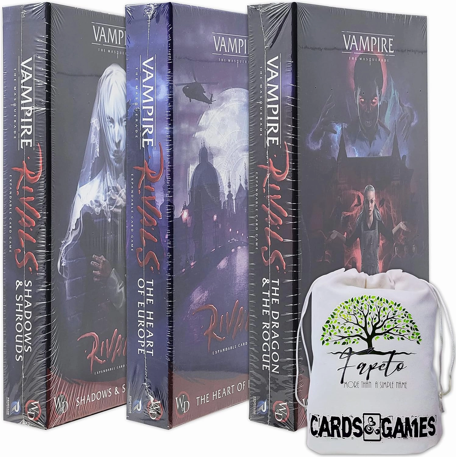 Fapeto Travel Drawstring Bag Bundle with Vampire Rivals Adversaries ONLY EXPANSIONS (Shadows & Shrouds, The Heart of Europe, The Dragon & The Rogue) Card Game
