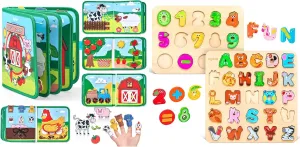 Farm Busy Book for Toddlers 1-3 JoyCat Wooden Alphabet & Number Puzzles