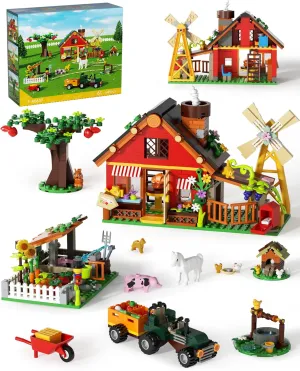 Farm House Building Set, Farm Set with Tractor Toys and Windmill, Farm Building Kits with Horse Cow and Chicks, Educational Toys for Kids Ages 6  Easter Present Home Decoration
