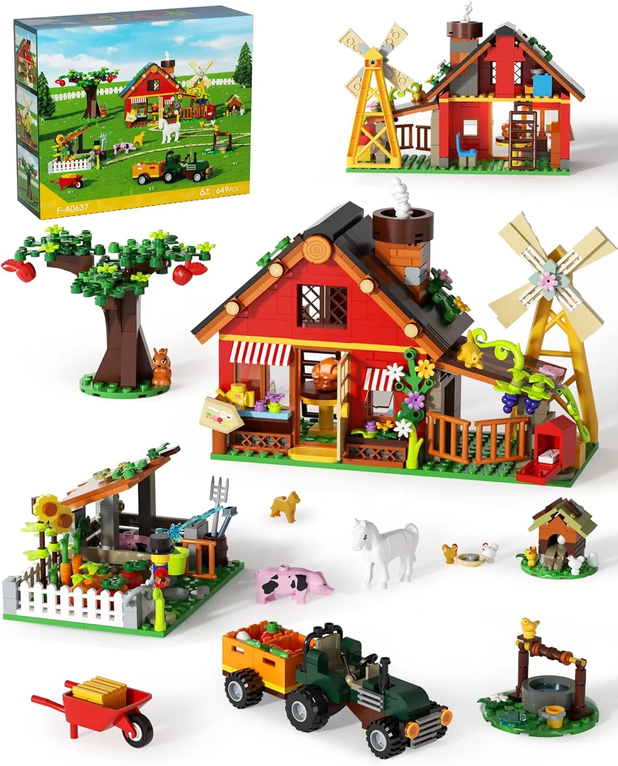 Farm House Building Set, Farm Set with Tractor Toys and Windmill, Farm Building Kits with Horse Cow and Chicks, Educational Toys for Kids Ages 6  Easter Present Home Decoration