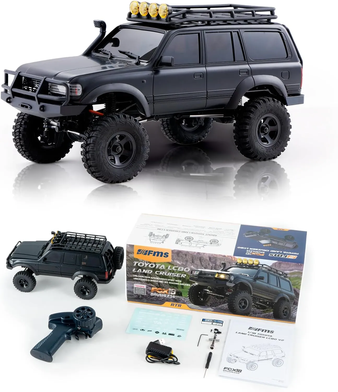 FCX18 FMS 1/18 Brushless RC Crawler, Toyota Cruiser LC80 Pro Offroad Trucks 4X4 RC Rock Crawler with Portal Axles, LED Lights for Adults (Black)