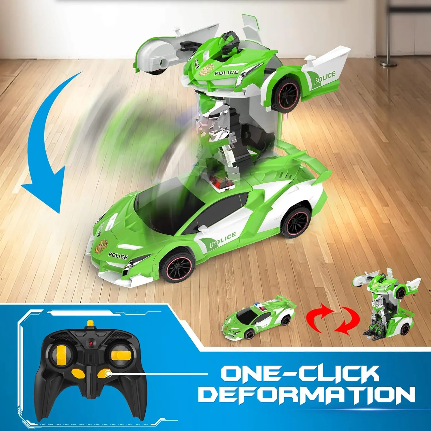 FDJ Remote Control Car - Transform RC Cars, 2.4Ghz 1:18 Scale Transforming RC Drift with Flashing Lights, One Key Deformation 360 Degree Rotating Drifting Remote Control Car for Boys Age 4-7 8-12