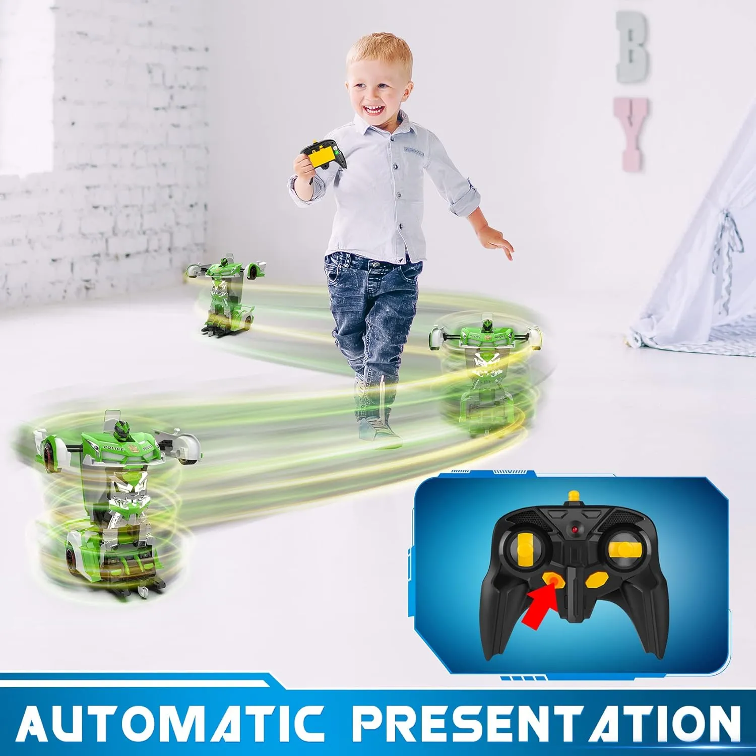 FDJ Remote Control Car - Transform RC Cars, 2.4Ghz 1:18 Scale Transforming RC Drift with Flashing Lights, One Key Deformation 360 Degree Rotating Drifting Remote Control Car for Boys Age 4-7 8-12