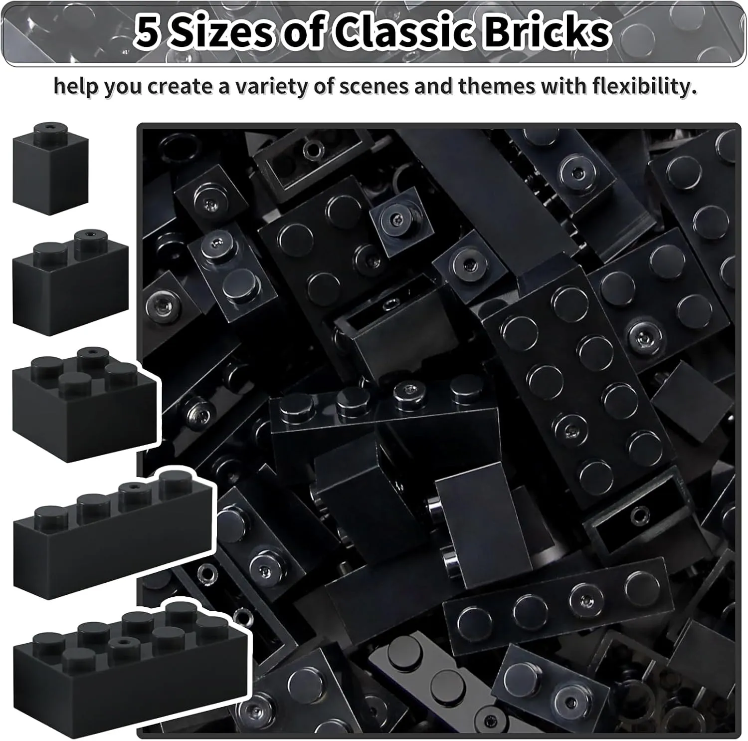Feleph Building Bricks 1x1 1x2 1x4 2x2 2x4 Bulk 320 Pcs Mixed Sizes Classic Block Accessories Parts and Pieces Creative Toy Set for Boys and Girls Compatible with Major Brands(Black)