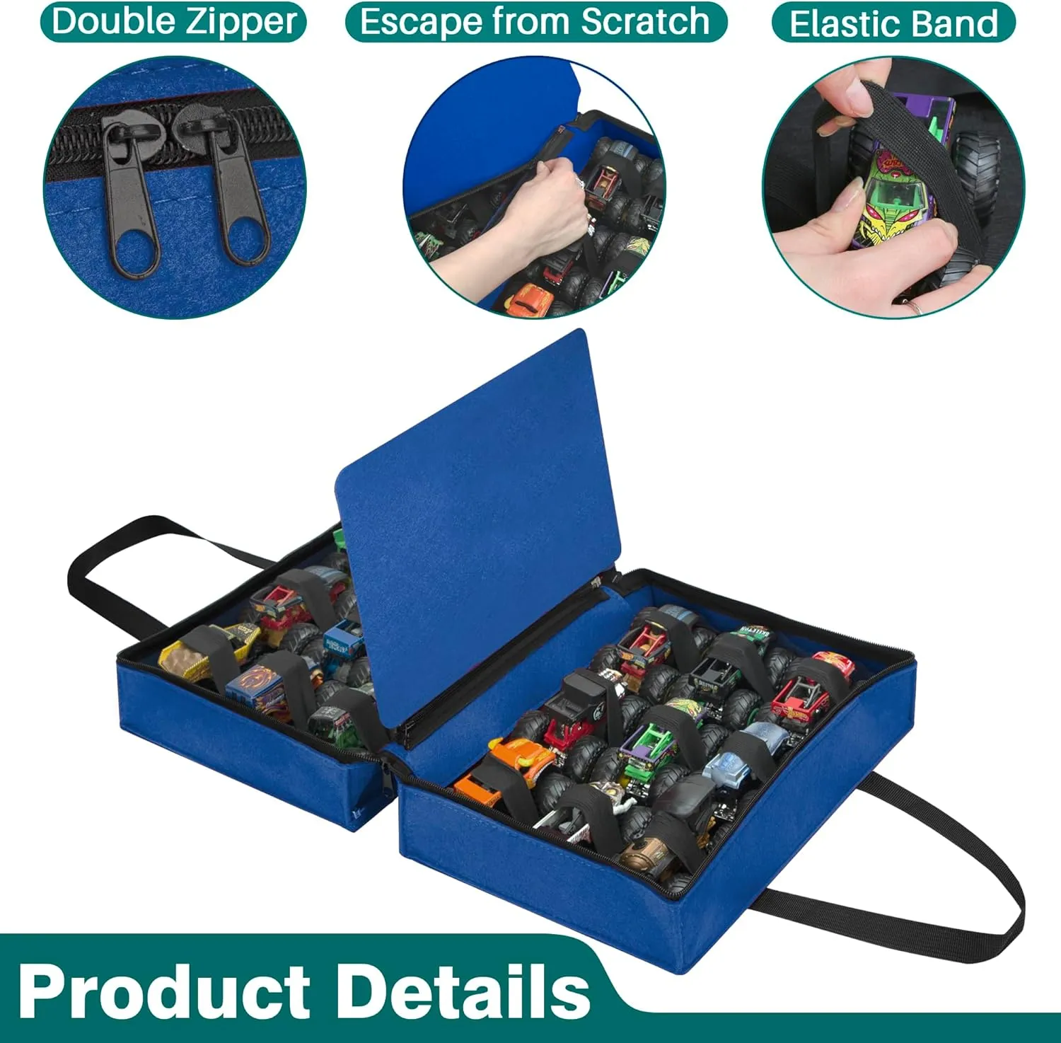 Felt Monster Trucks Display Case Compatible with Toy Trucks, Portable Carrying Bag Fit for 18 Monster Trucks Storage(Bag Only) (Blue)