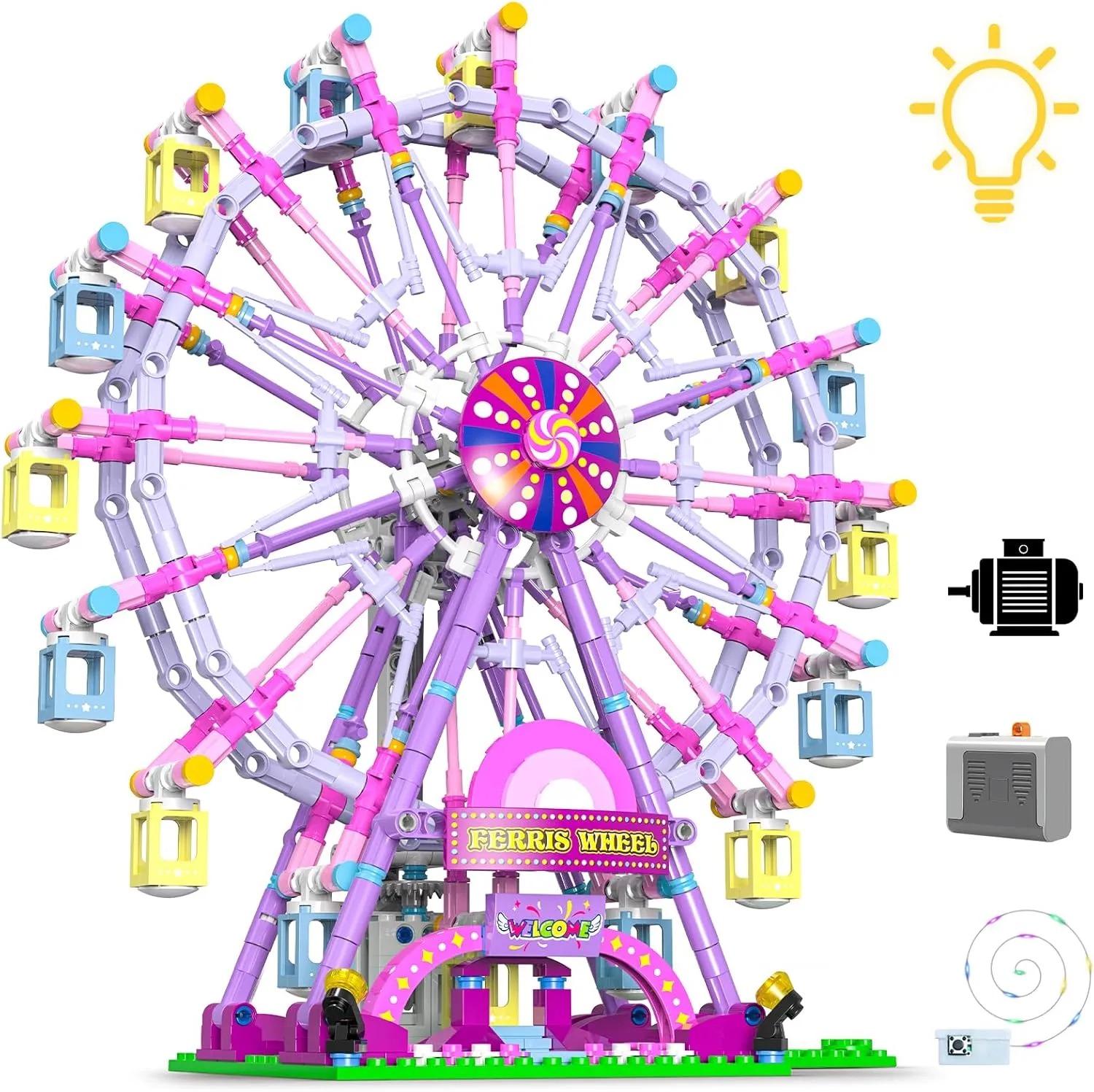 Ferris Wheel Building Set with Fairy Lights, Two-Way Rotation,STEM Learning Toy for Ages 8-12,Amusement Park Construction Kit for Boys, Girls, 8 9 10 11 12 13 14 and Adults,813Piece (Pink)