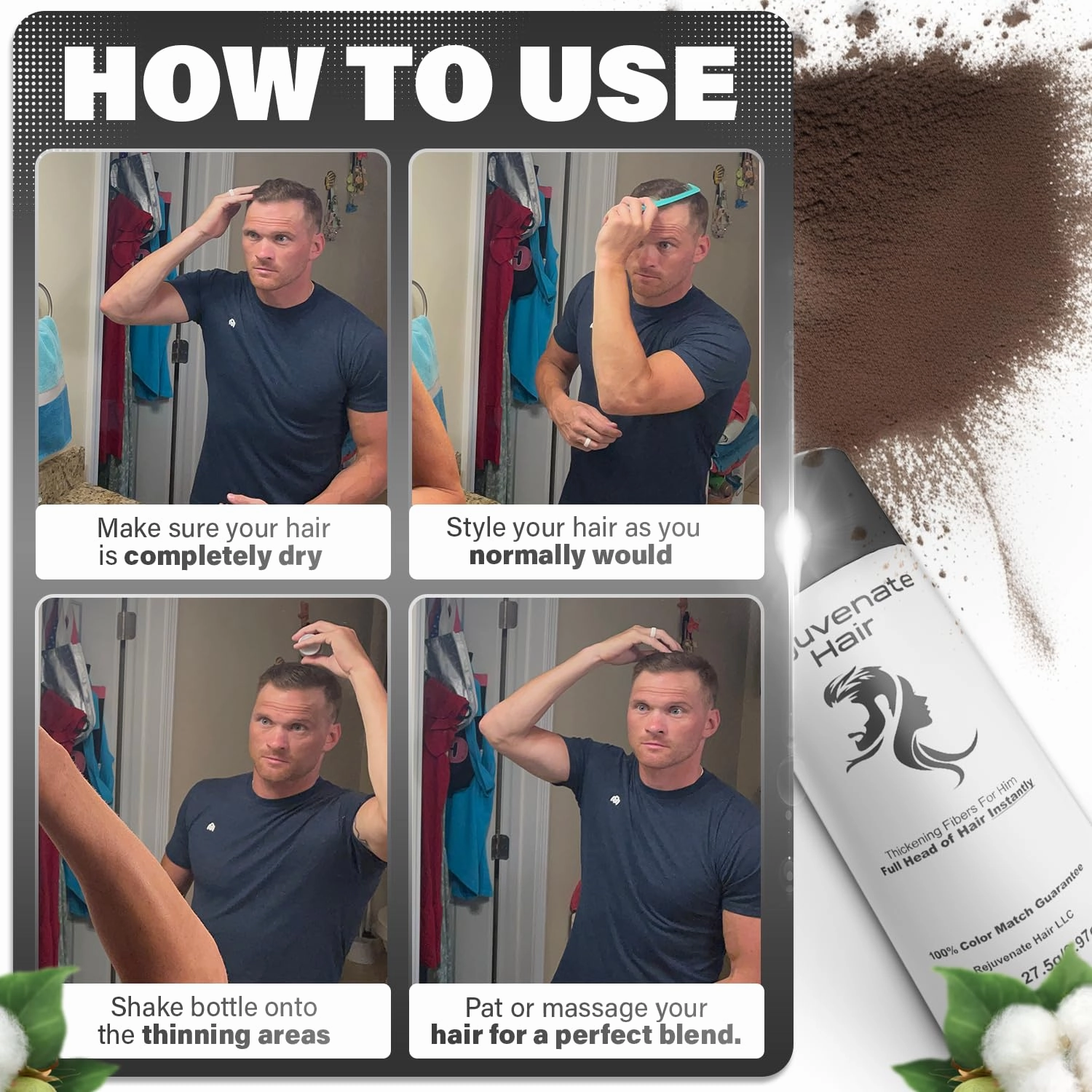 Fibers for Thinning Hair (Black), Undetectable Hair Powder for Men & 100% Natural Hair Building Fibers - Conceals Hair Loss - Bald Spot Cover Up Hair Powder, 2 Month Supply