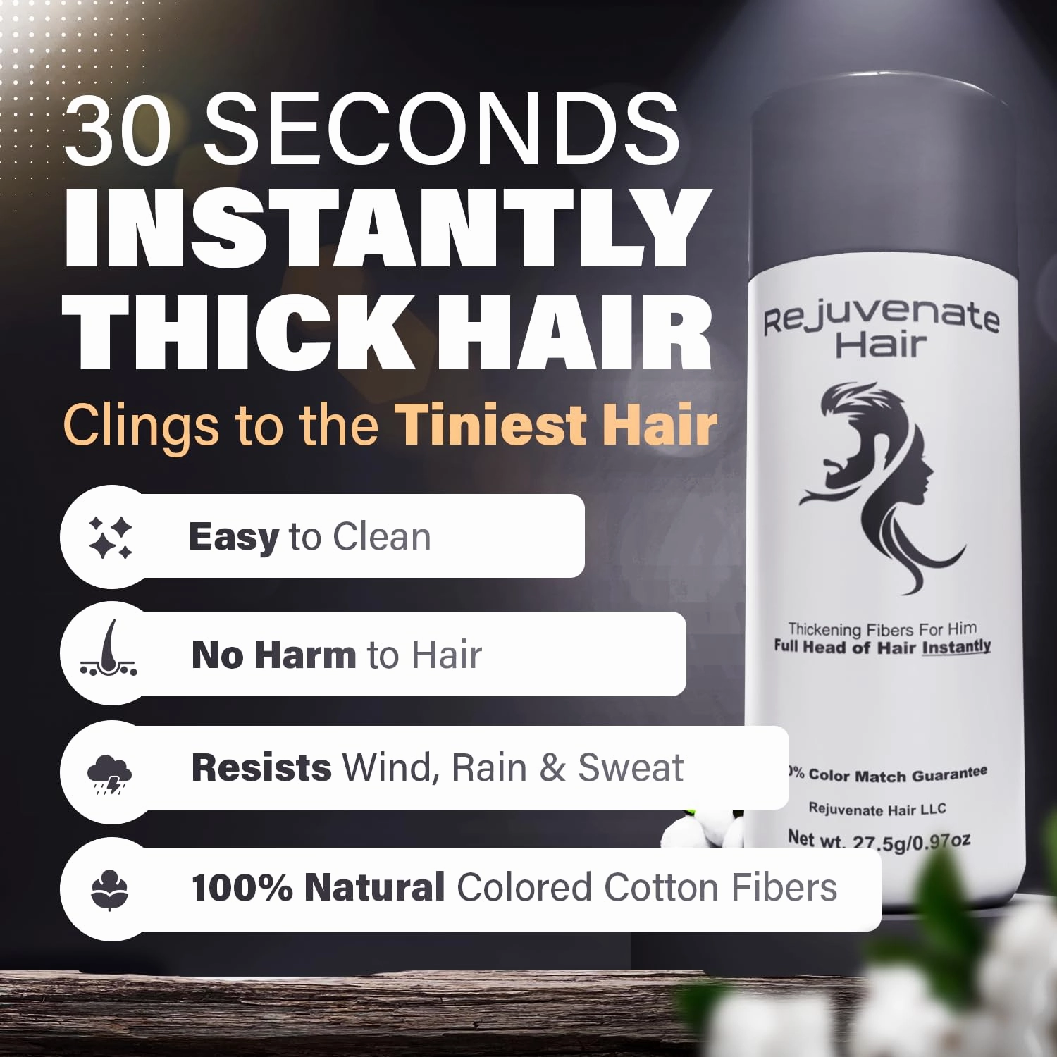 Fibers for Thinning Hair (Black), Undetectable Hair Powder for Men & 100% Natural Hair Building Fibers - Conceals Hair Loss - Bald Spot Cover Up Hair Powder, 2 Month Supply