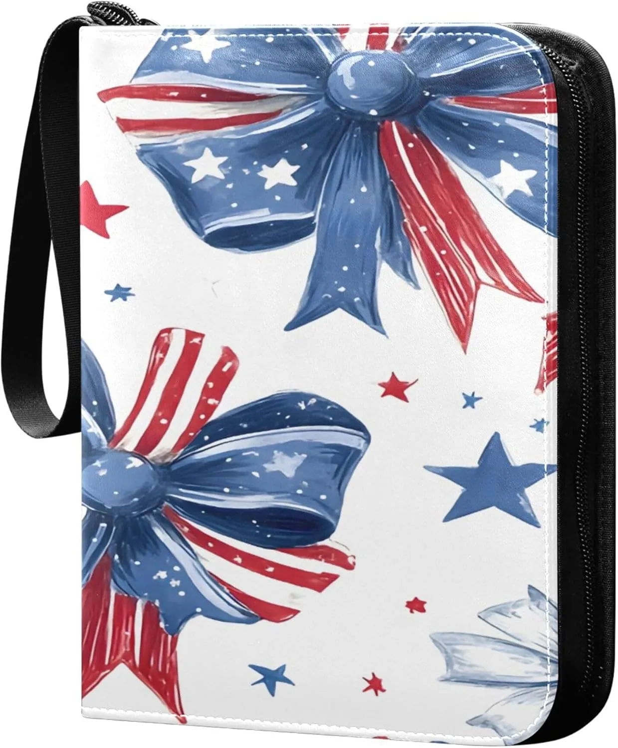 Flag Bow and Stars Card Binder 4 Pocket Collectible Trading Card Albums with 50 Sleeves Double Side PU Waterproof 3 Ring for Sports & Game Cards