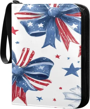 Flag Bow and Stars Card Binder 4 Pocket Collectible Trading Card Albums with 50 Sleeves Double Side PU Waterproof 3 Ring for Sports & Game Cards