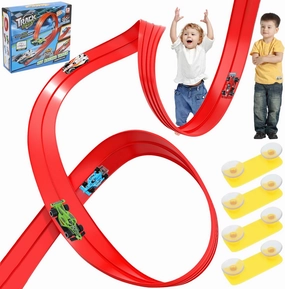 Flexible Race Track 13 Ft Starter Set, Car Truck Track Compatible with Hot Wheels and Diecast 1/64th Cars, Classic Long Roll Up Race Track with 4 Cars and 12 Suckers, Gifts for Kids Toddlers