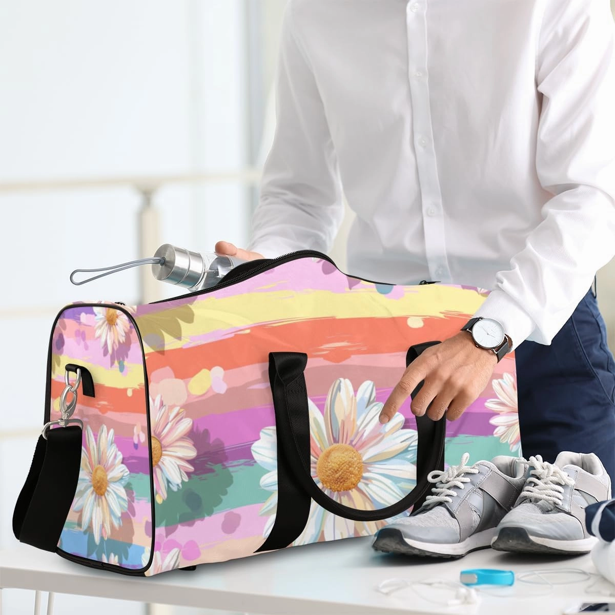 Floral Daisy Travel Duffle Bag for Women Men Gym Duffel Foldable Bag Waterproof Weekender Colorful Rainbow Duffle Tote
