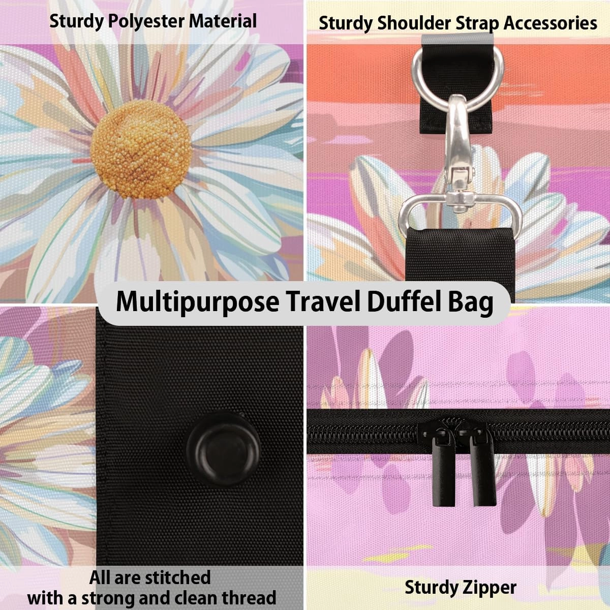Floral Daisy Travel Duffle Bag for Women Men Gym Duffel Foldable Bag Waterproof Weekender Colorful Rainbow Duffle Tote