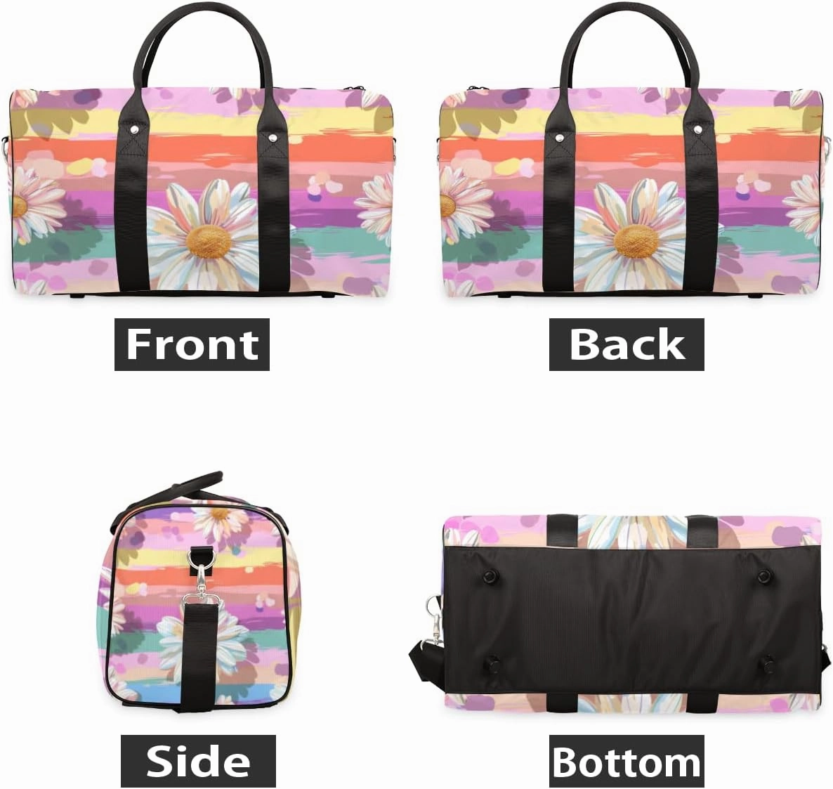 Floral Daisy Travel Duffle Bag for Women Men Gym Duffel Foldable Bag Waterproof Weekender Colorful Rainbow Duffle Tote