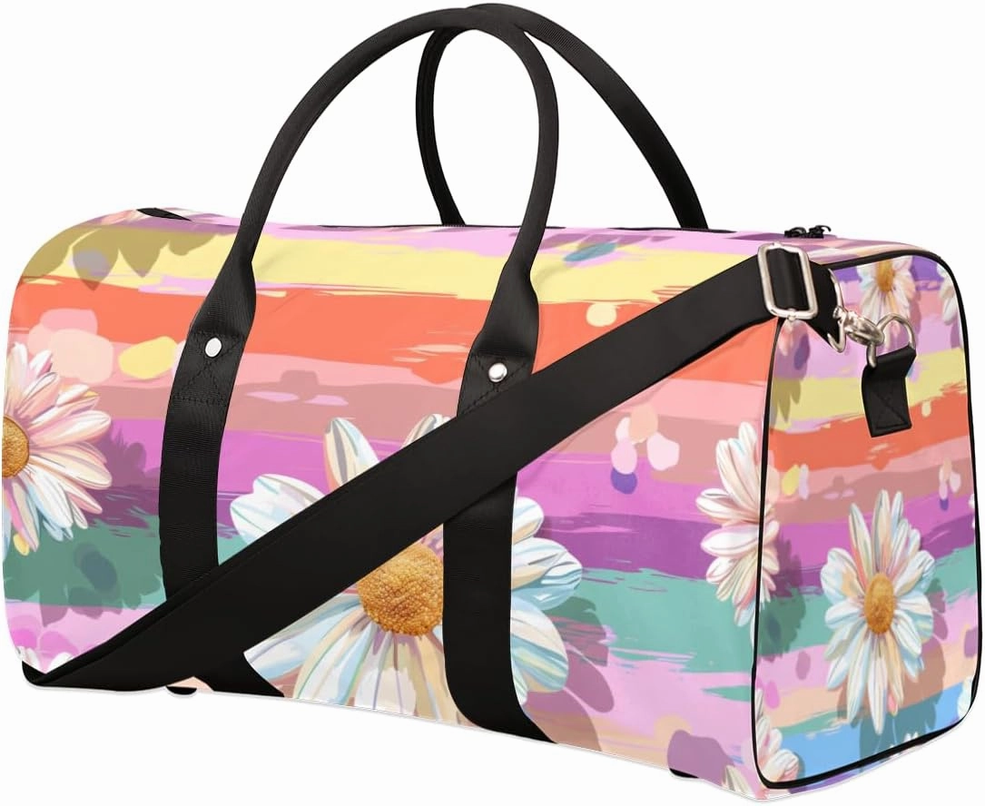 Floral Daisy Travel Duffle Bag for Women Men Gym Duffel Foldable Bag Waterproof Weekender Colorful Rainbow Duffle Tote