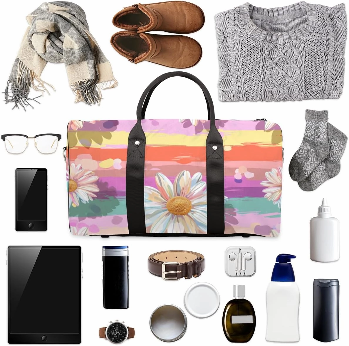 Floral Daisy Travel Duffle Bag for Women Men Gym Duffel Foldable Bag Waterproof Weekender Colorful Rainbow Duffle Tote
