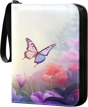 Flowers and Butterflies Card Binder 4 Pocket Collectible Trading Card Albums with 50 Sleeves Double Side PU Waterproof 3 Ring for Sports & Game Cards