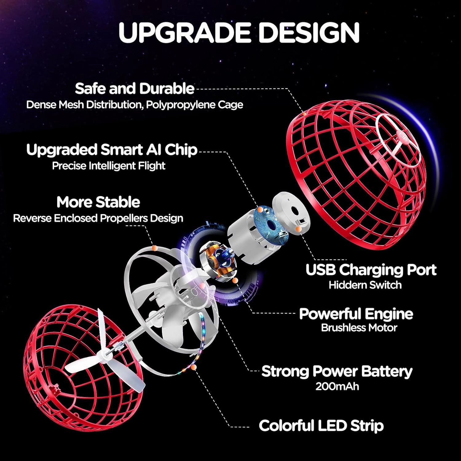 Flying Orb Ball Toys Hover Soaring Flying Toy Cosmic Globe Magic Boomerang Spinner Hand Controlled Mini Drone Cool Stuff Gift for 6 7 8 9 10  Year Old Kids Boys Girls Outdoor Indoor (Red)
