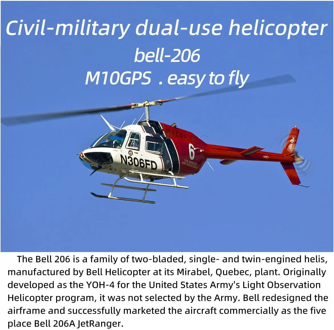 FLYWING Bell-206-V4 470 Size Helicopter, 2.4G 6CH Military RC Airplane with H1 Flight Controller, Left/Right-Handed Controls (RTF)