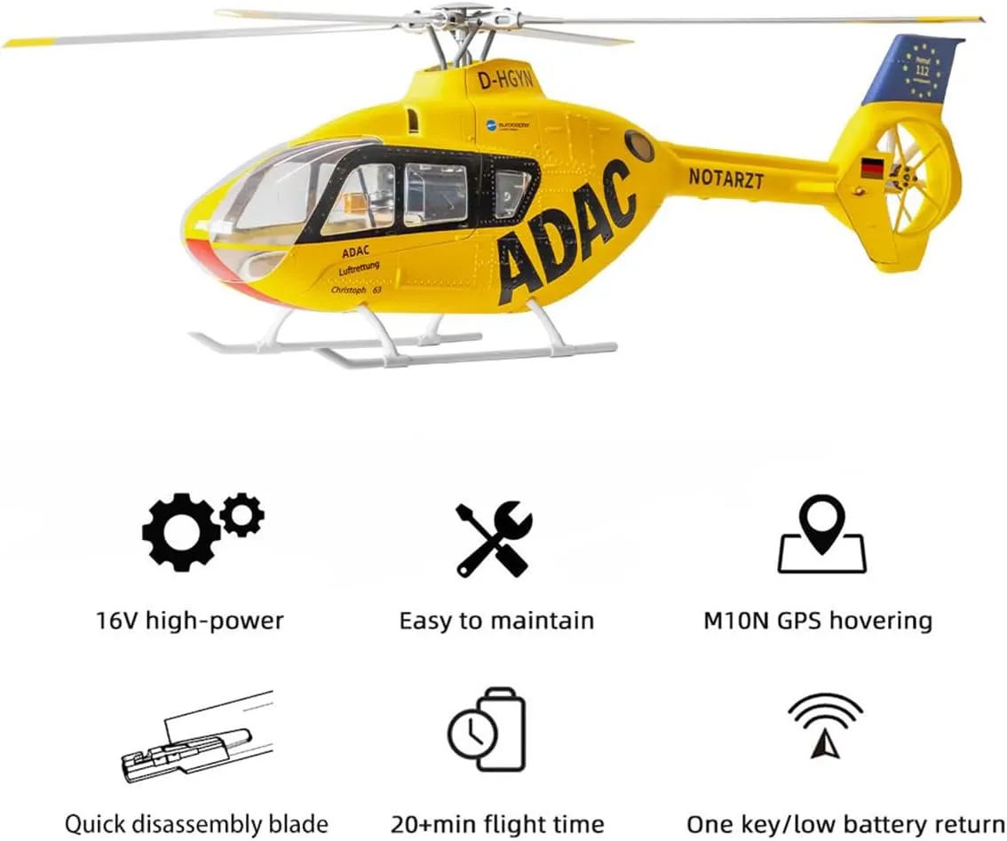 FLYWING EC135 470-Class 2.4G 6CH RC Helicopter Model for 16 , Detachable 4 Rotor Blades with H1 Flight Controller and Beidou GPS(PNP Version)