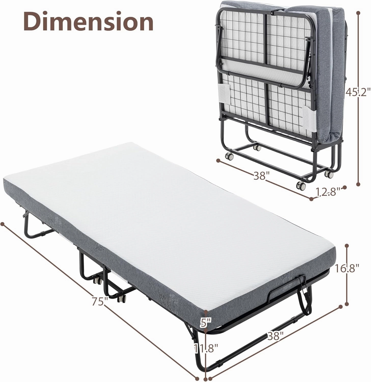 Folding Bed with 5” Memory Sponge Mattress, Portable Guest Bed Camping Cot for Adults, Saving Space Rollaway Bed for Travel and Hospital Nursing, 75 x 38 Inches