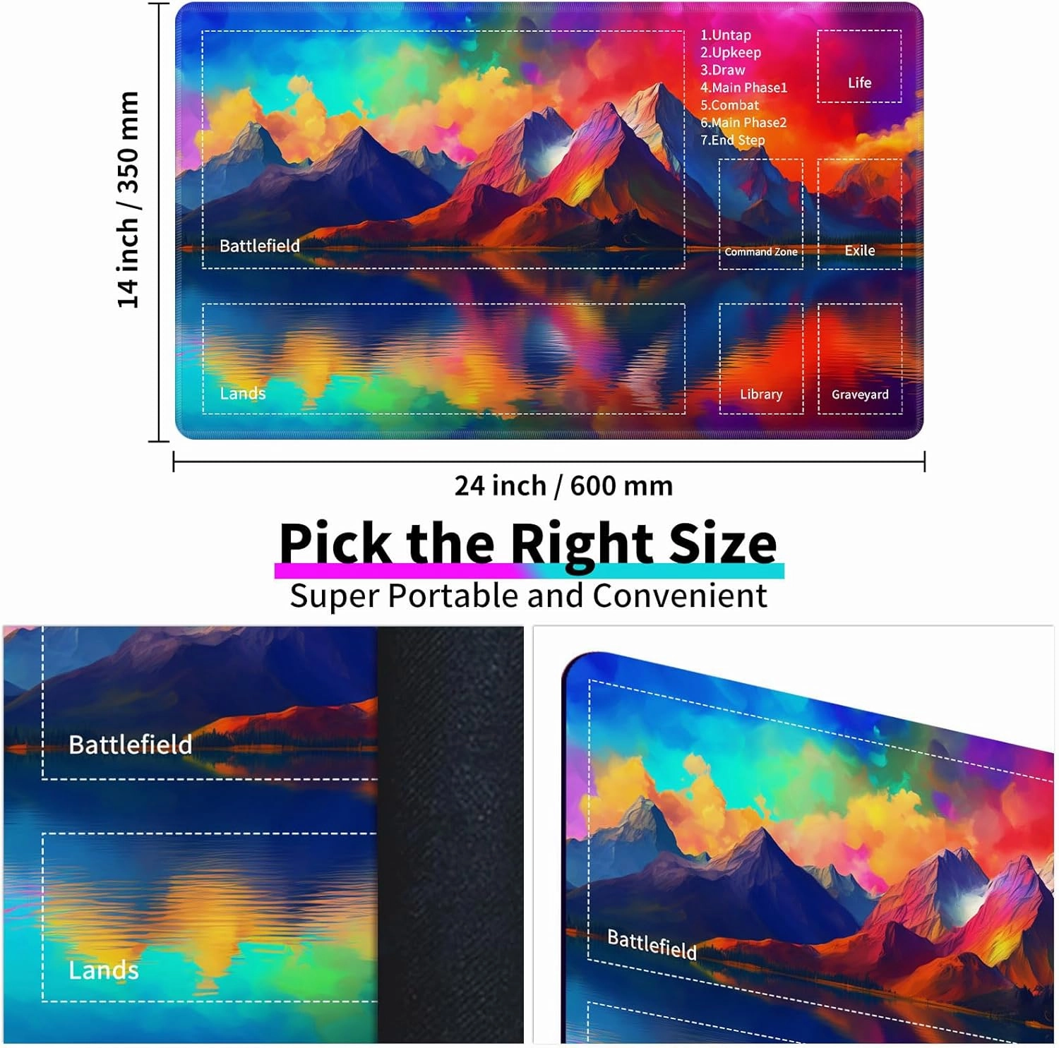 for MTG TCG Playmat,Game Play Mat for MTG TCG DTCG CCG RPG and Other Card Games/Mouse Pad 24 x 14 inches Trading Card Game Board Game with Zones and Non Slip Rubber Backing,Colorful Mountains Lake