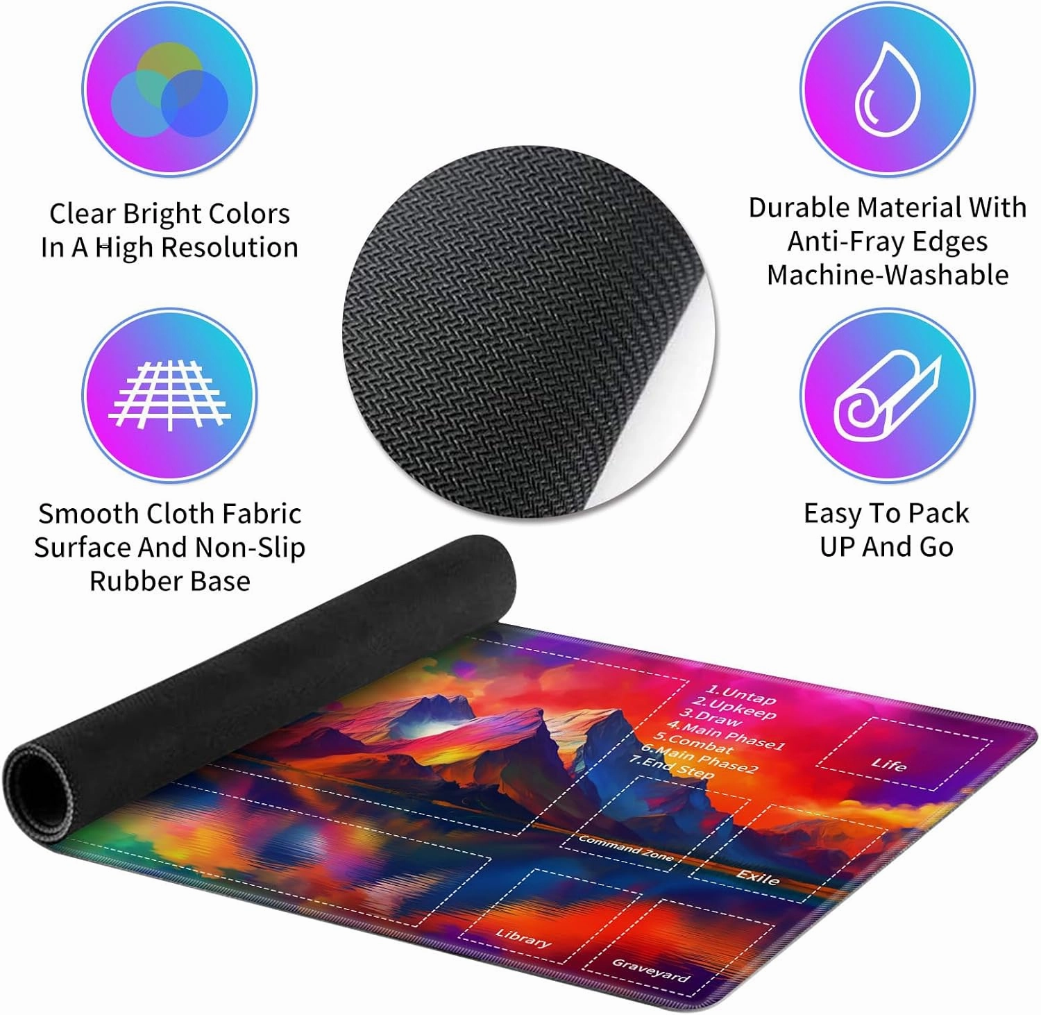 for MTG TCG Playmat,Game Play Mat for MTG TCG DTCG CCG RPG and Other Card Games/Mouse Pad 24 x 14 inches Trading Card Game Board Game with Zones and Non Slip Rubber Backing,Colorful Mountains Lake