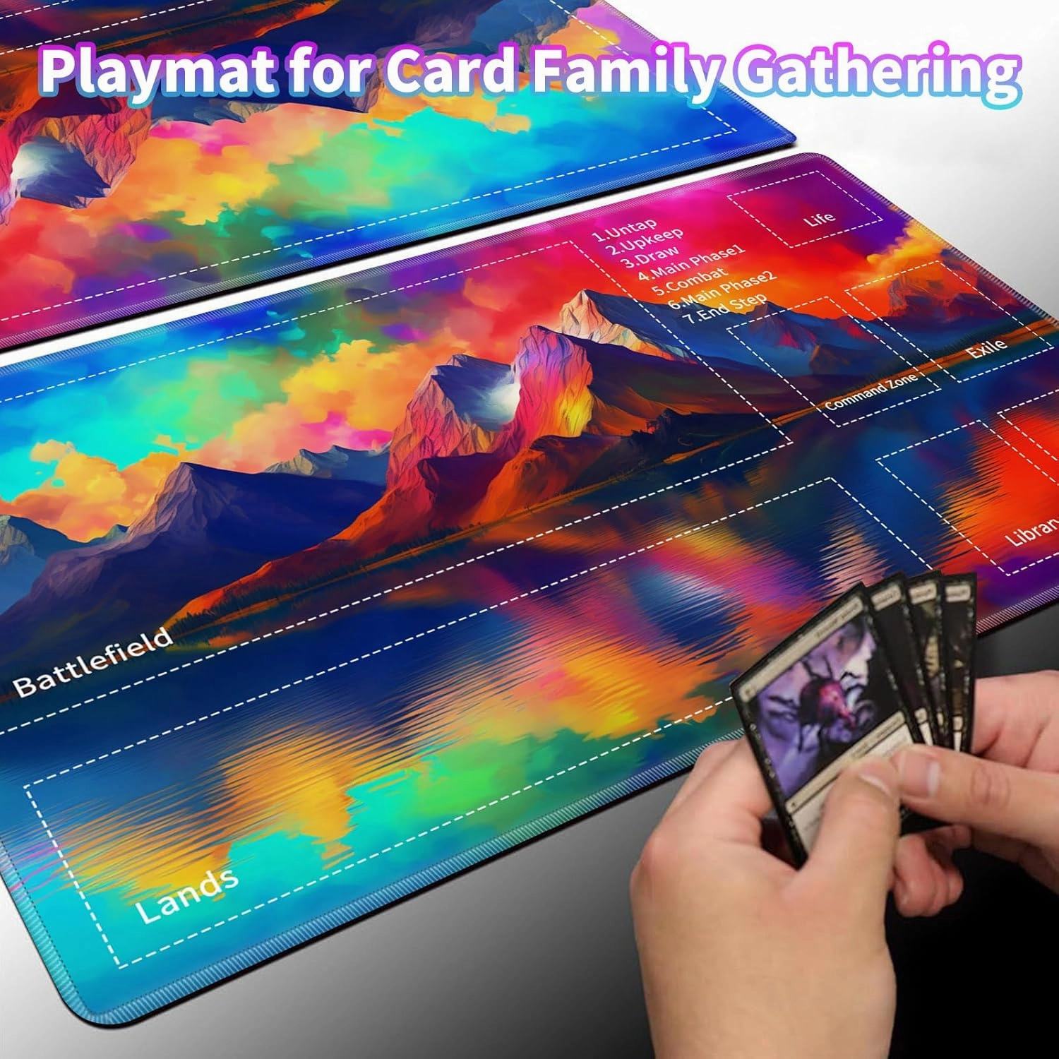 for MTG TCG Playmat,Game Play Mat for MTG TCG DTCG CCG RPG and Other Card Games/Mouse Pad 24 x 14 inches Trading Card Game Board Game with Zones and Non Slip Rubber Backing,Colorful Mountains Lake