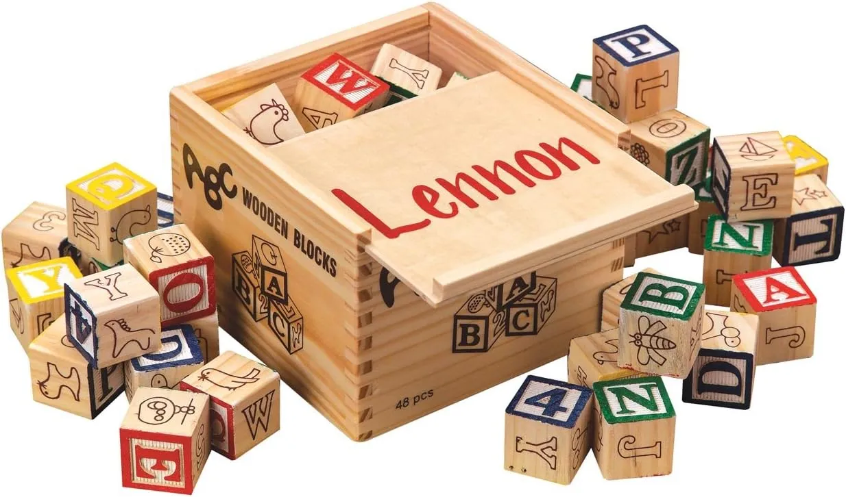 Fox Valley Traders Miles Kimball Custom Box of Blocks – Stacking Alphabet Building Blocks - Classic Wooden ABC Letter Blocks with Child's Name Custom Storage Box – Educational Gift
