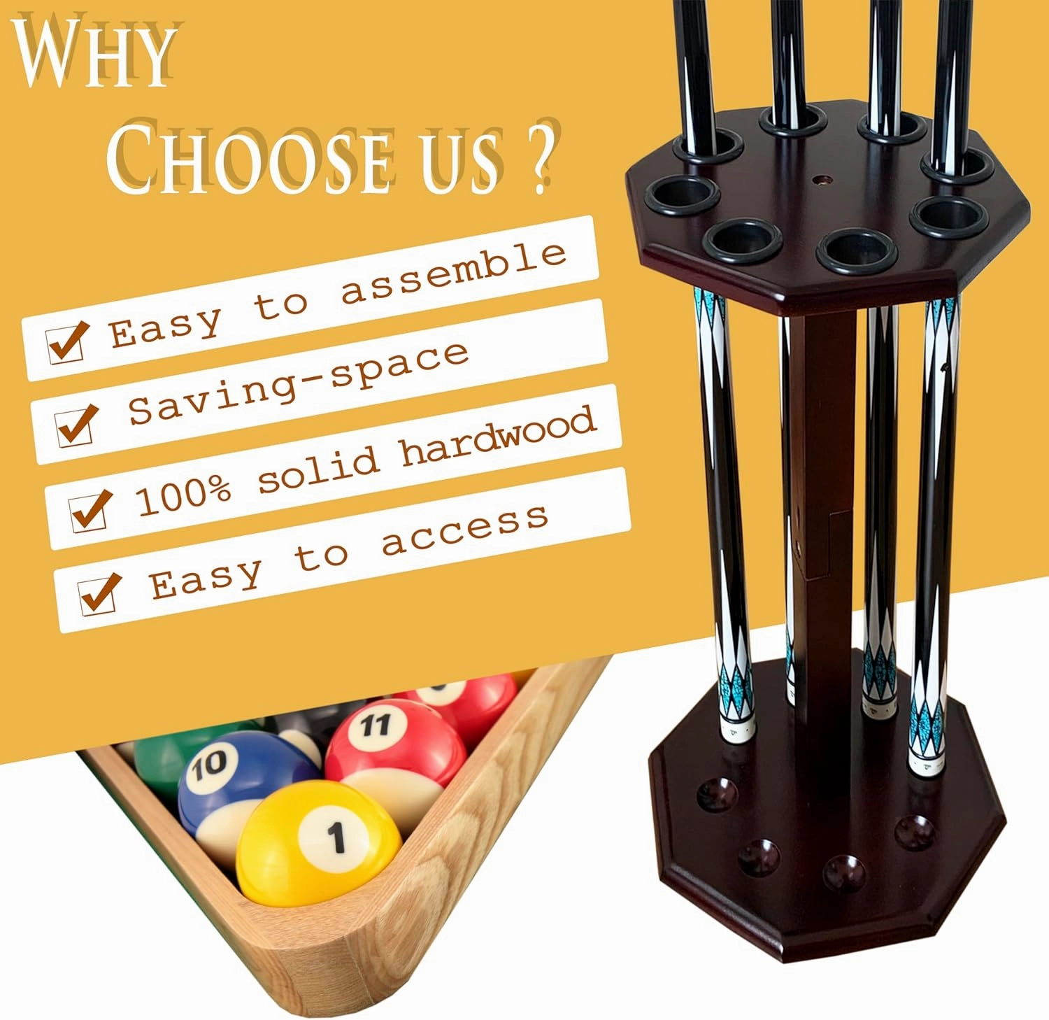 Freestanding Billiard Cue Rack, Pool Table Accessories Hold 8 Cues, Pool Cue Stick Holder, Wooden Floor Stand Pool Cue Holder for Billiard Game Room (Mahogany)