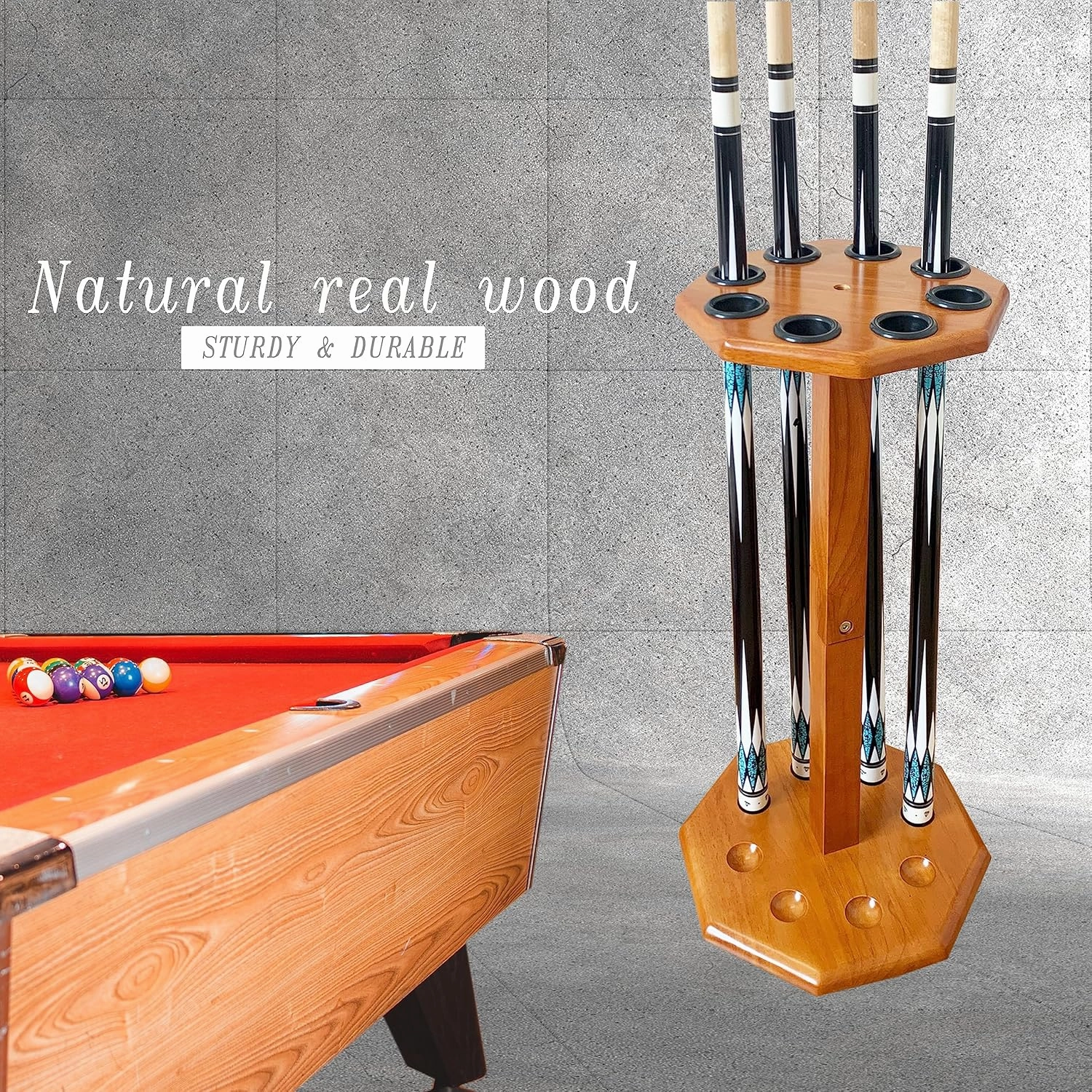 Freestanding Billiard Cue Rack, Pool Table Accessories Hold 8 Cues, Pool Cue Stick Holder, Wooden Floor Stand Pool Cue Holder for Billiard Game Room (Oak)