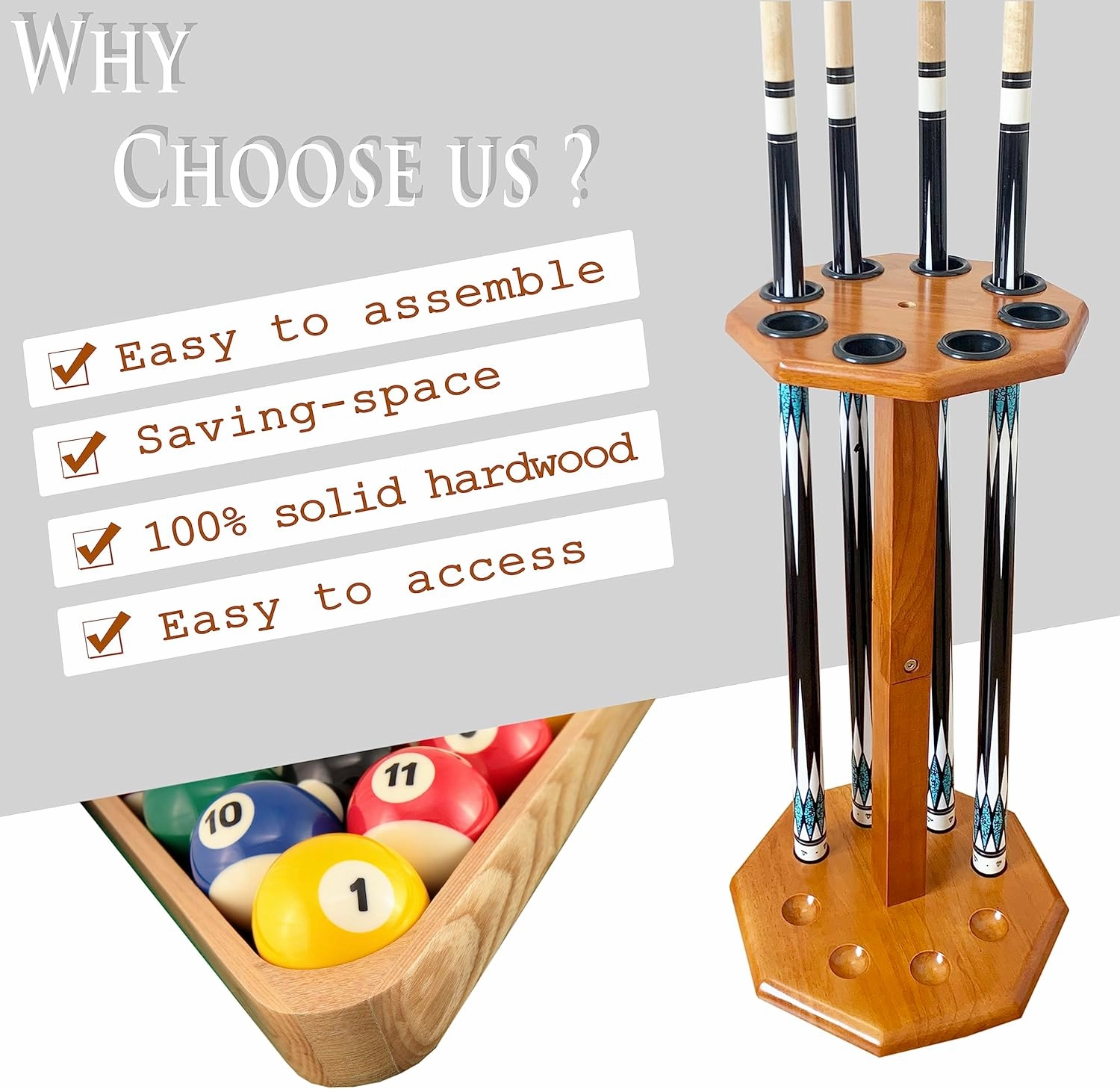 Freestanding Billiard Cue Rack, Pool Table Accessories Hold 8 Cues, Pool Cue Stick Holder, Wooden Floor Stand Pool Cue Holder for Billiard Game Room (Oak)