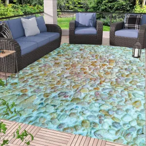 Fresh Natural Multicolor Pebble Path Pattern Design Area Rug for Balcony Deck Veranda Machine Washable Durable No Slip 8x10 Rugs in Front Yard Porch Garden Pool Camping Rustic Unique Outdoor Carpet