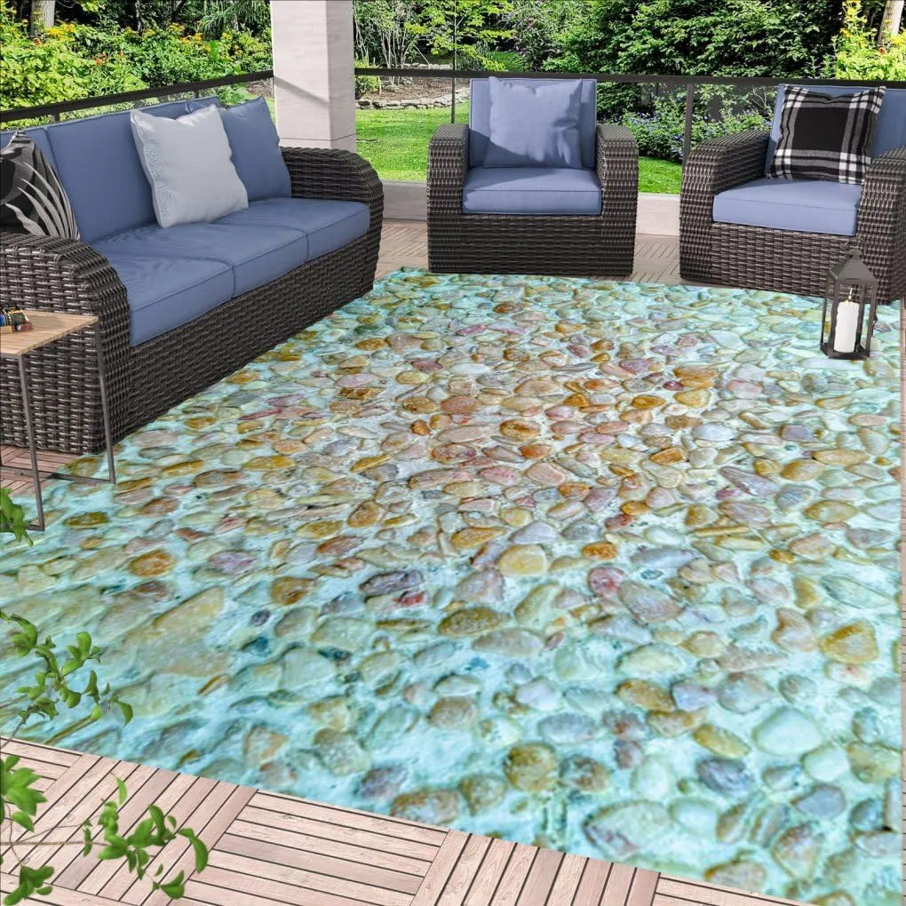 Fresh Natural Multicolor Pebble Path Pattern Design Area Rug for Balcony Deck Veranda Machine Washable Durable No Slip 8x10 Rugs in Front Yard Porch Garden Pool Camping Rustic Unique Outdoor Carpet
