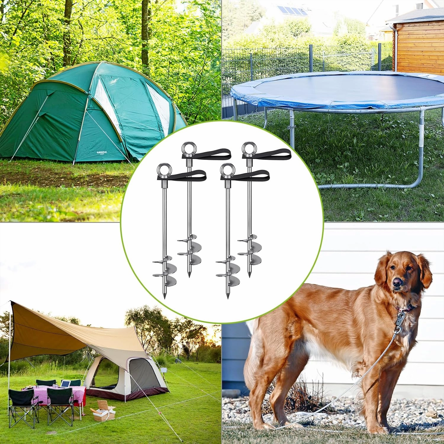 Fully Welded Ground Trampoline Anchors, 18'' Spiral Mobile Home Anchors, 4pcs Earth Anchor Heavy Duty Shed Anchor Kit with Straps for Securing Swing Sets, Animals, Trees, Tents, Shed, Carport
