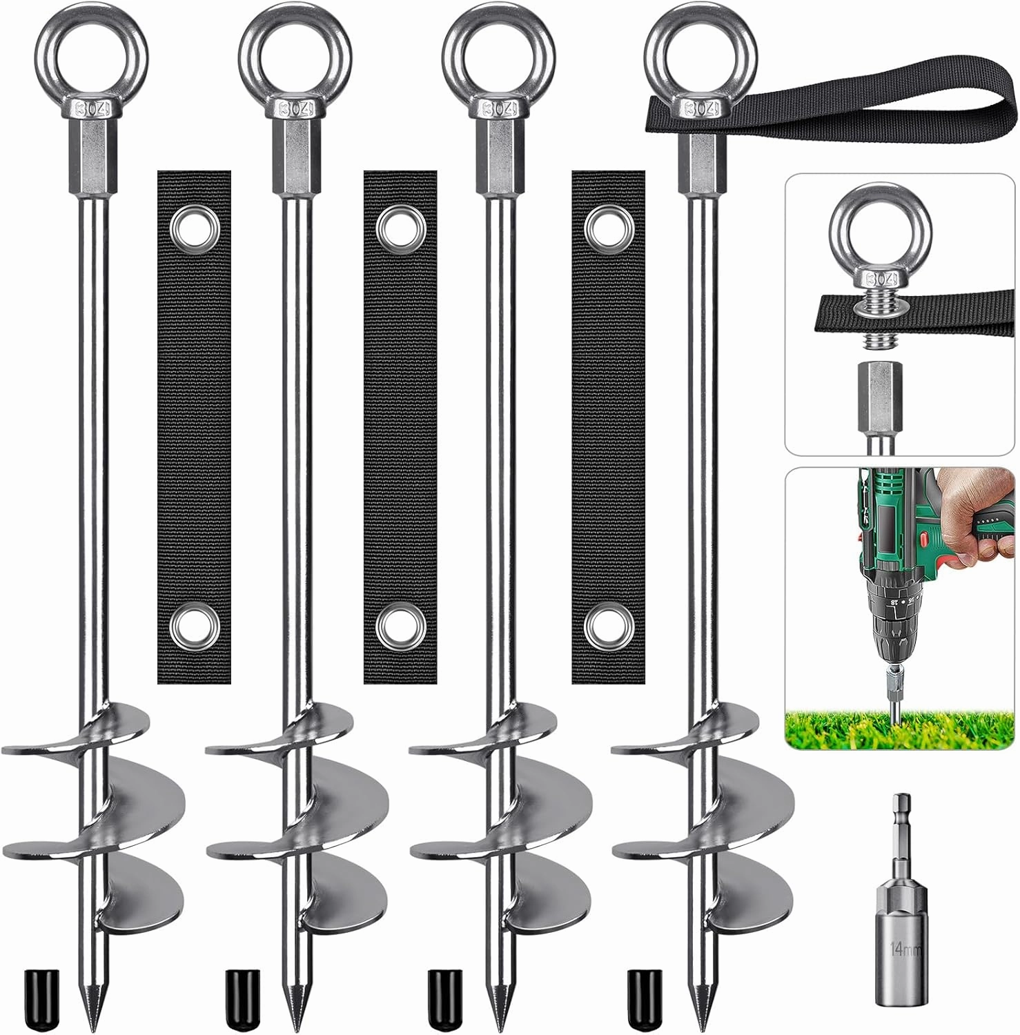 Fully Welded Ground Trampoline Anchors, 18'' Spiral Mobile Home Anchors, 4pcs Earth Anchor Heavy Duty Shed Anchor Kit with Straps for Securing Swing Sets, Animals, Trees, Tents, Shed, Carport