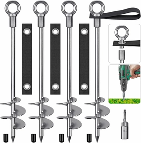 Fully Welded Ground Trampoline Anchors, 18'' Spiral Mobile Home Anchors, 4pcs Earth Anchor Heavy Duty Shed Anchor Kit with Straps for Securing Swing Sets, Animals, Trees, Tents, Shed, Carport