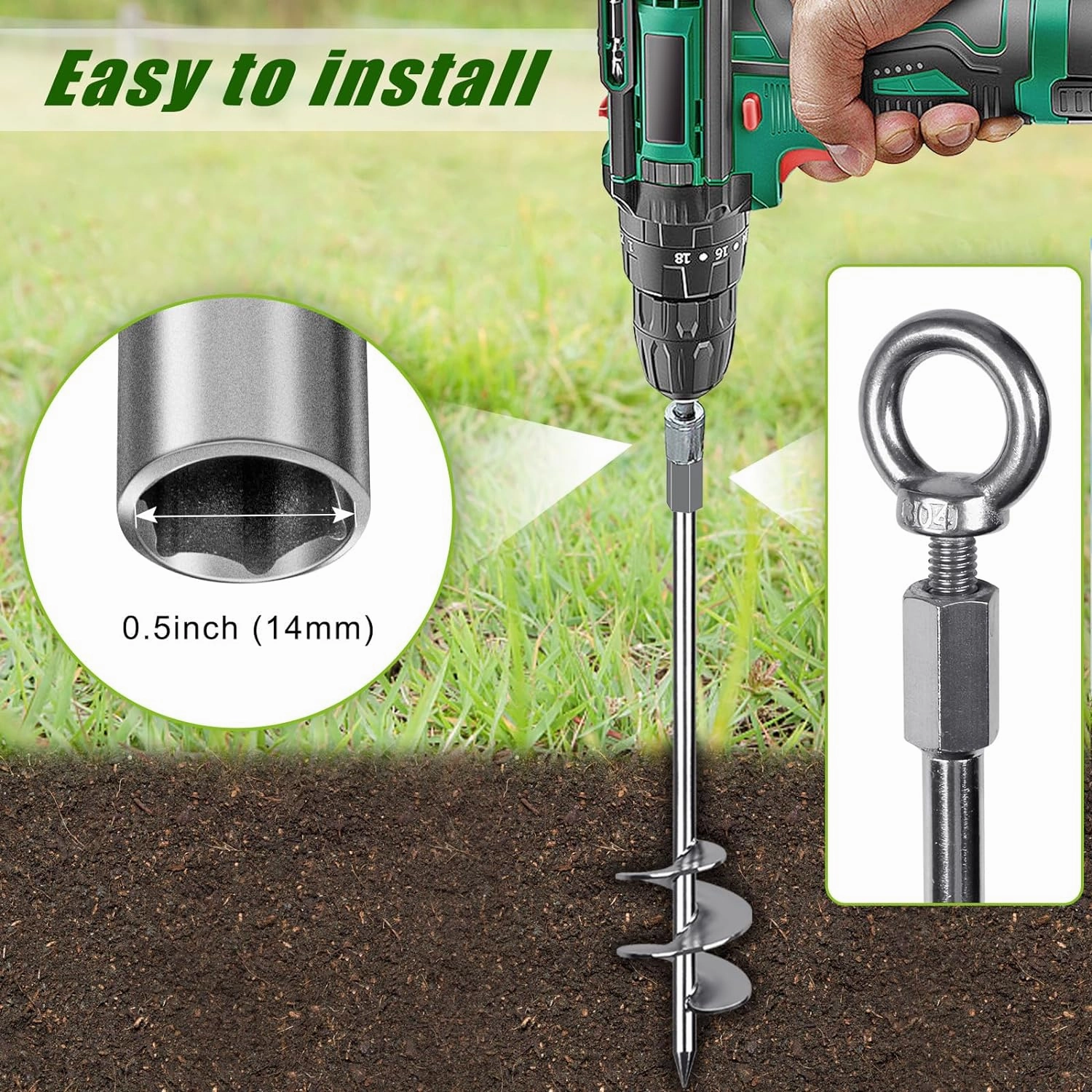 Fully Welded Ground Trampoline Anchors, 18'' Spiral Mobile Home Anchors, 4pcs Earth Anchor Heavy Duty Shed Anchor Kit with Straps for Securing Swing Sets, Animals, Trees, Tents, Shed, Carport