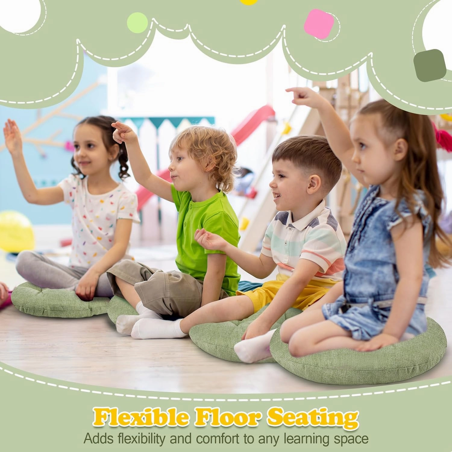 Fumete 8 Pcs 16 Inch Round Floor Cushions for Kids and Toddlers, Flexible Seating Classroom Furniture Floor Pillow for Home, Daycare, Preschool, Yoga and Meditation (Green)