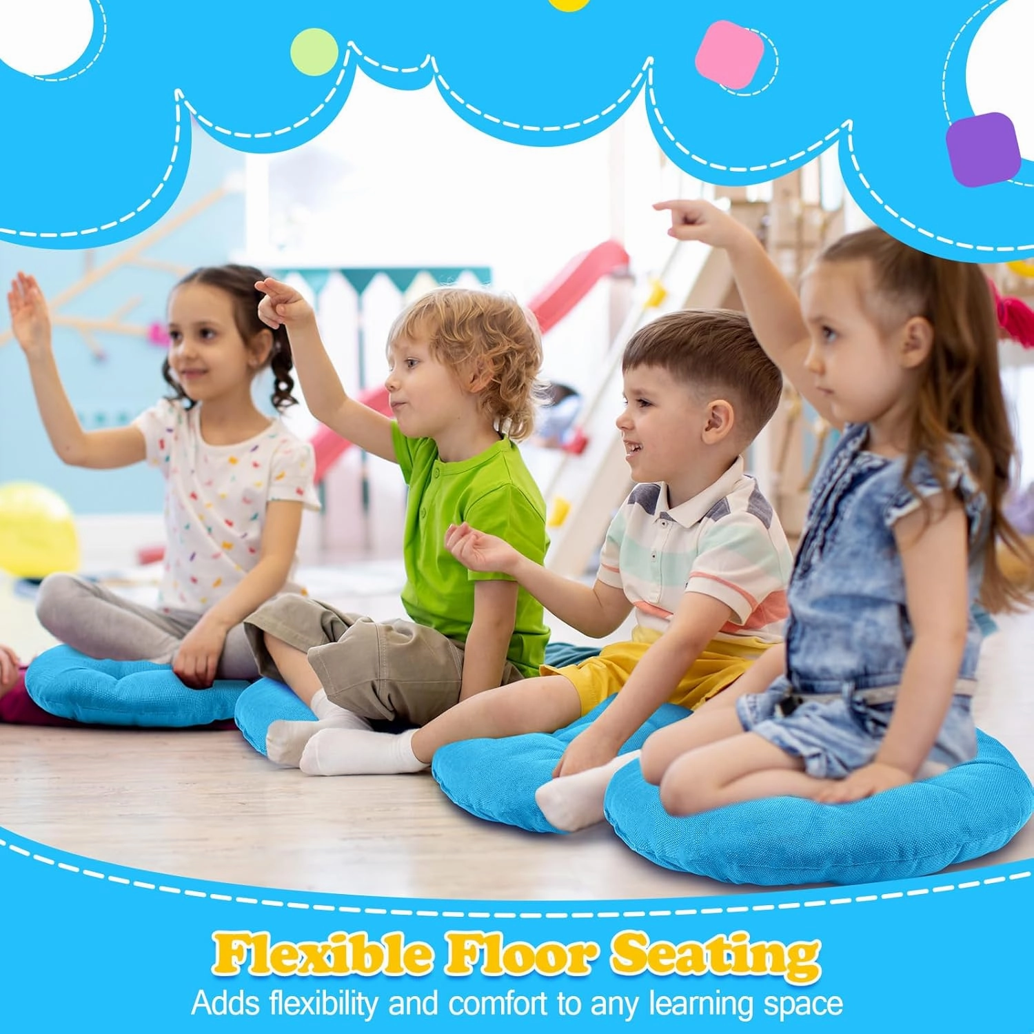 Fumete 8 Pcs 16 Inch Round Floor Cushions for Kids and Toddlers, Flexible Seating Classroom Furniture Floor Pillow for Home, Daycare, Preschool, Yoga and Meditation (Ice Blue)