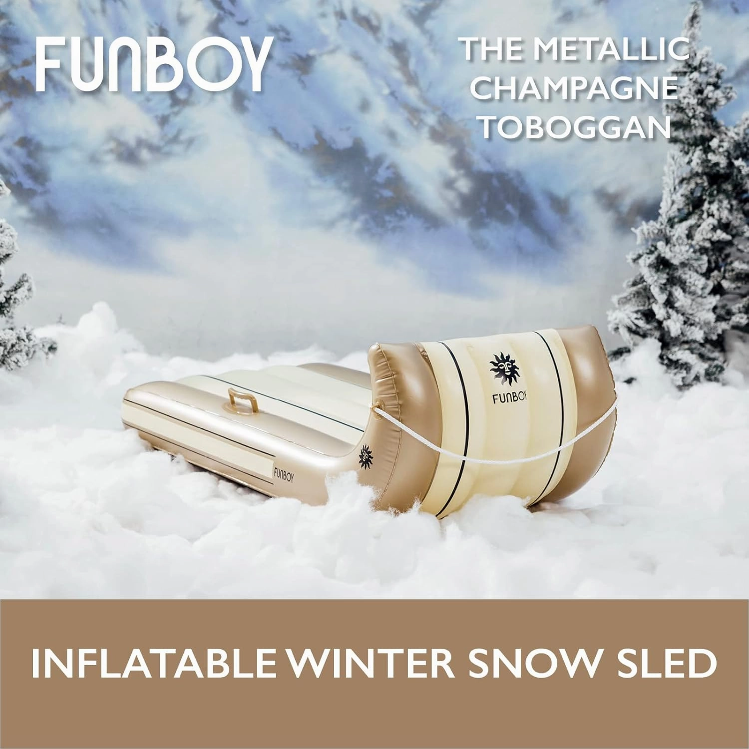 FUNBOY 52" Inflatable Toboggan Snow Sled, Champange Colored, 1-2 Person Capacity, with Grooved Rubber Base Tracks, 2 Handles, and Hand Pull Rope, Champagne Toboggan (TOBOGGAN-CHAMPAGNE)