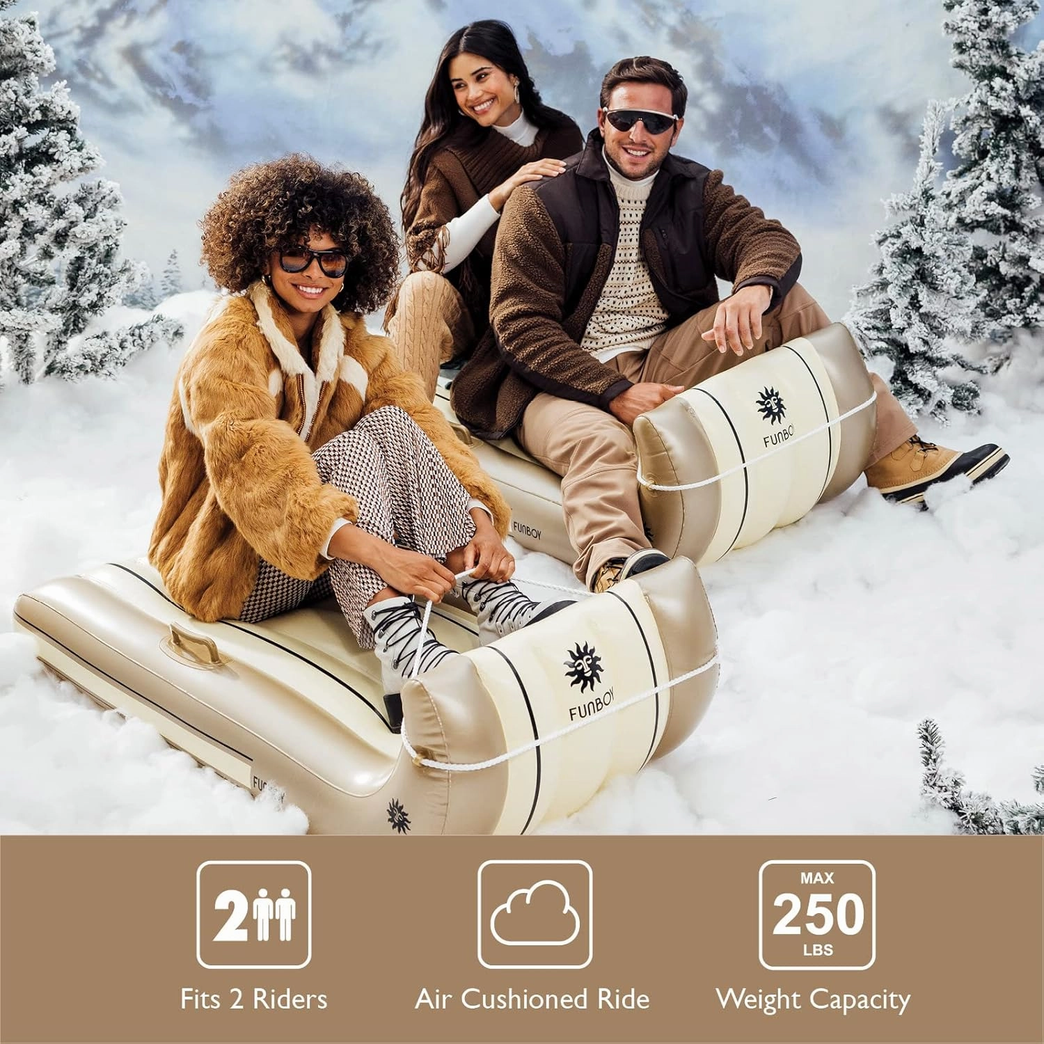 FUNBOY 52" Inflatable Toboggan Snow Sled, Champange Colored, 1-2 Person Capacity, with Grooved Rubber Base Tracks, 2 Handles, and Hand Pull Rope, Champagne Toboggan (TOBOGGAN-CHAMPAGNE)