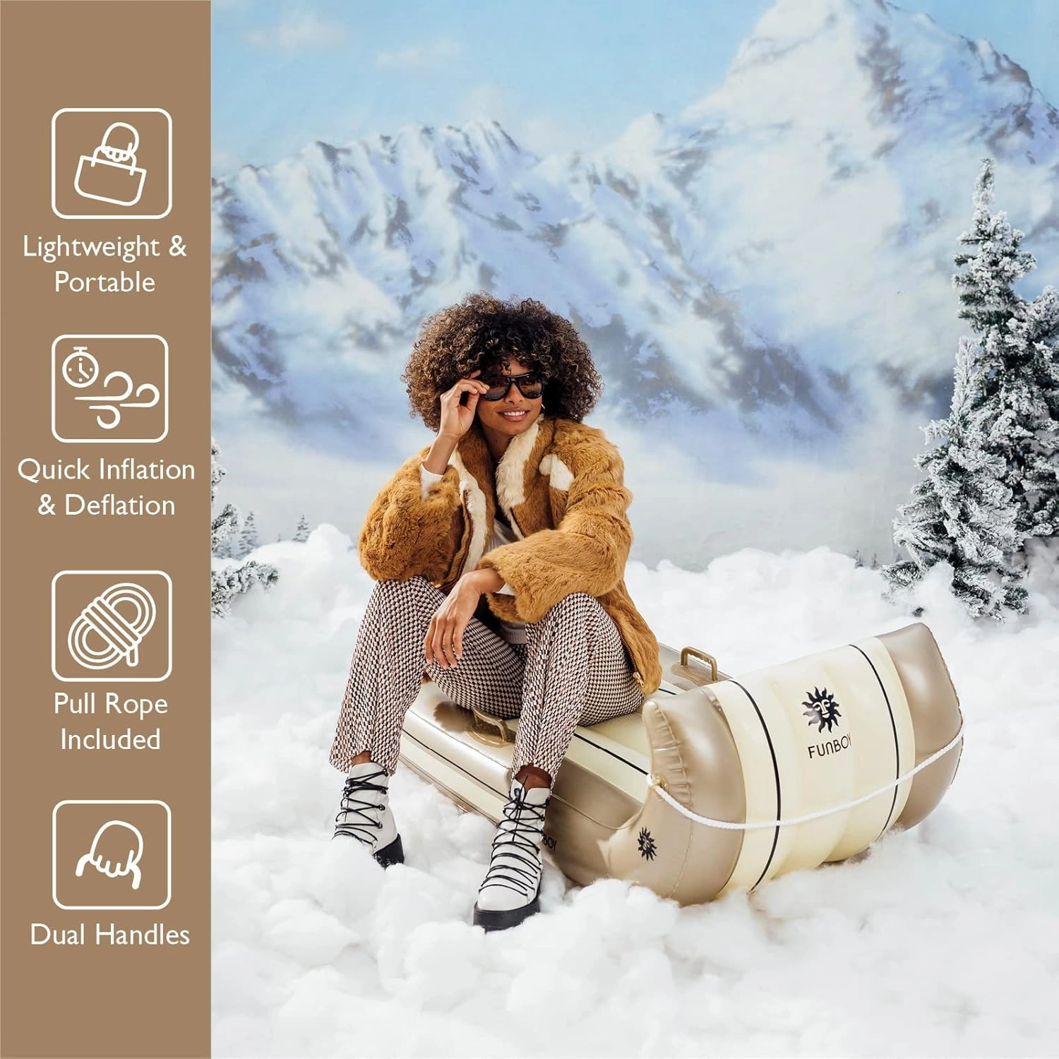 FUNBOY 52" Inflatable Toboggan Snow Sled, Champange Colored, 1-2 Person Capacity, with Grooved Rubber Base Tracks, 2 Handles, and Hand Pull Rope, Champagne Toboggan (TOBOGGAN-CHAMPAGNE)