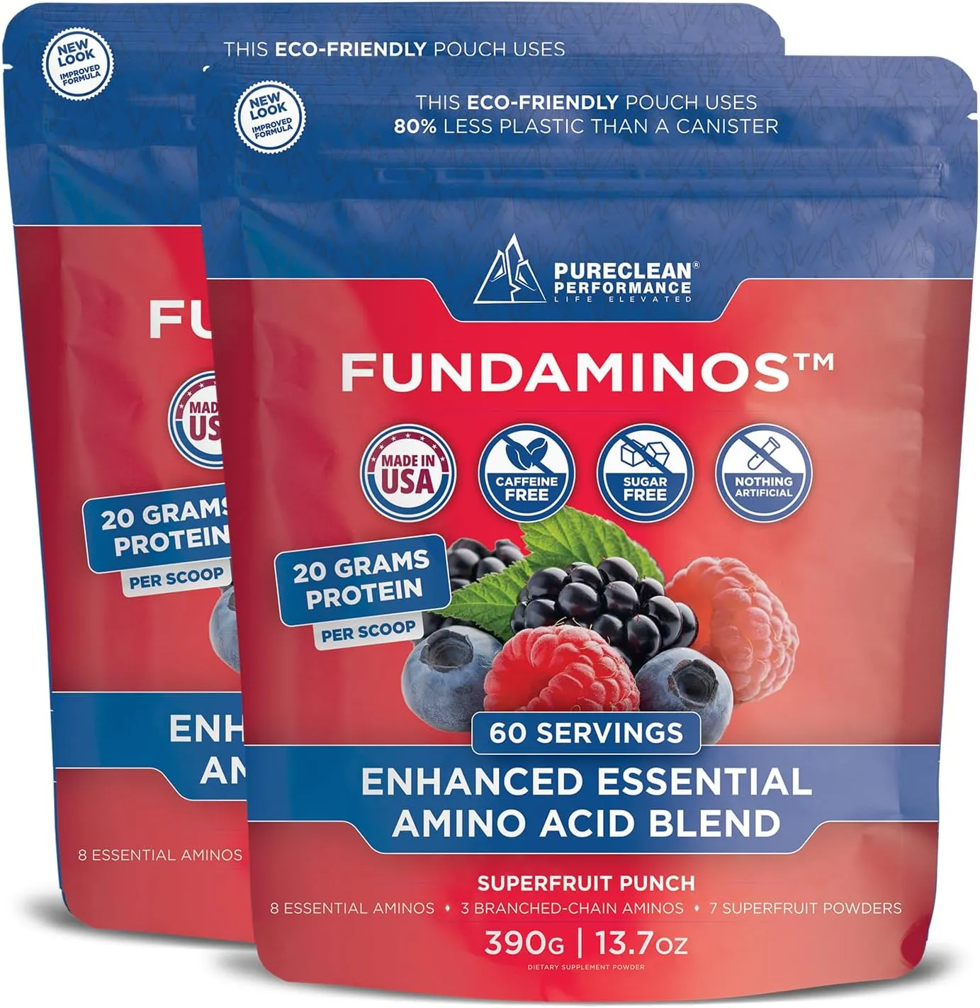 FUNDAMINOS - Premium Plant Based Organic Essential Amino Acids Powder   BCAA Powder - Gluten Free, Non-GMO Amino Acid Supplement for Muscle Mass, Peak Strength & Muscle Recovery (2 Bags 60 Servings)
