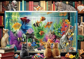 Funny Cat Jigsaw Puzzle 1000 Piece for Adult, Art Books Colorful Fish Wooden Puzzles, Vintage Bookshelf Difficult Aesthetic Gift for Boys and Girls Family Fun Games Toys